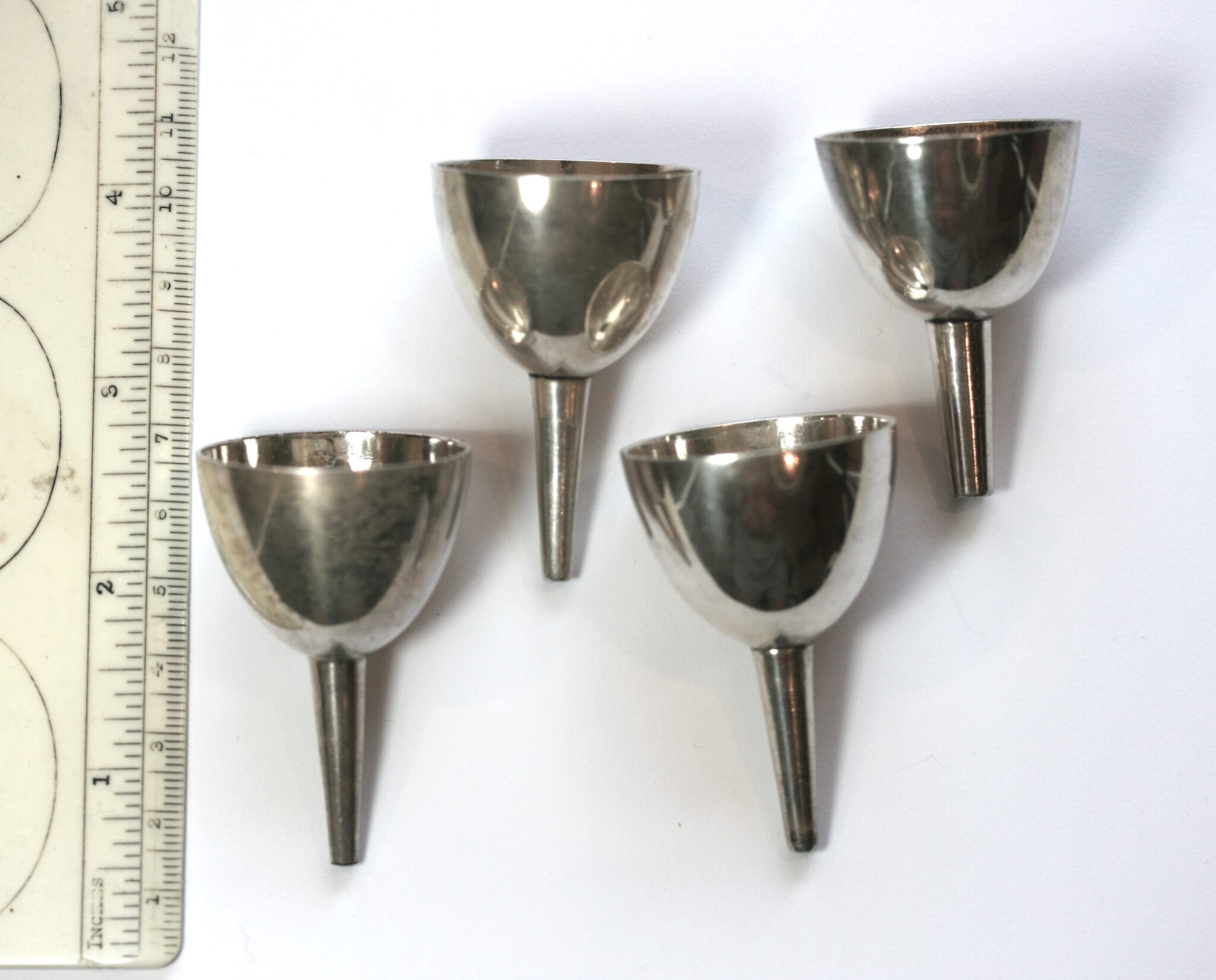 4 x SMALL APOTHECARY CHEMIST SILVER PLATED FUNNEL, ALL EXCELLENT COND.