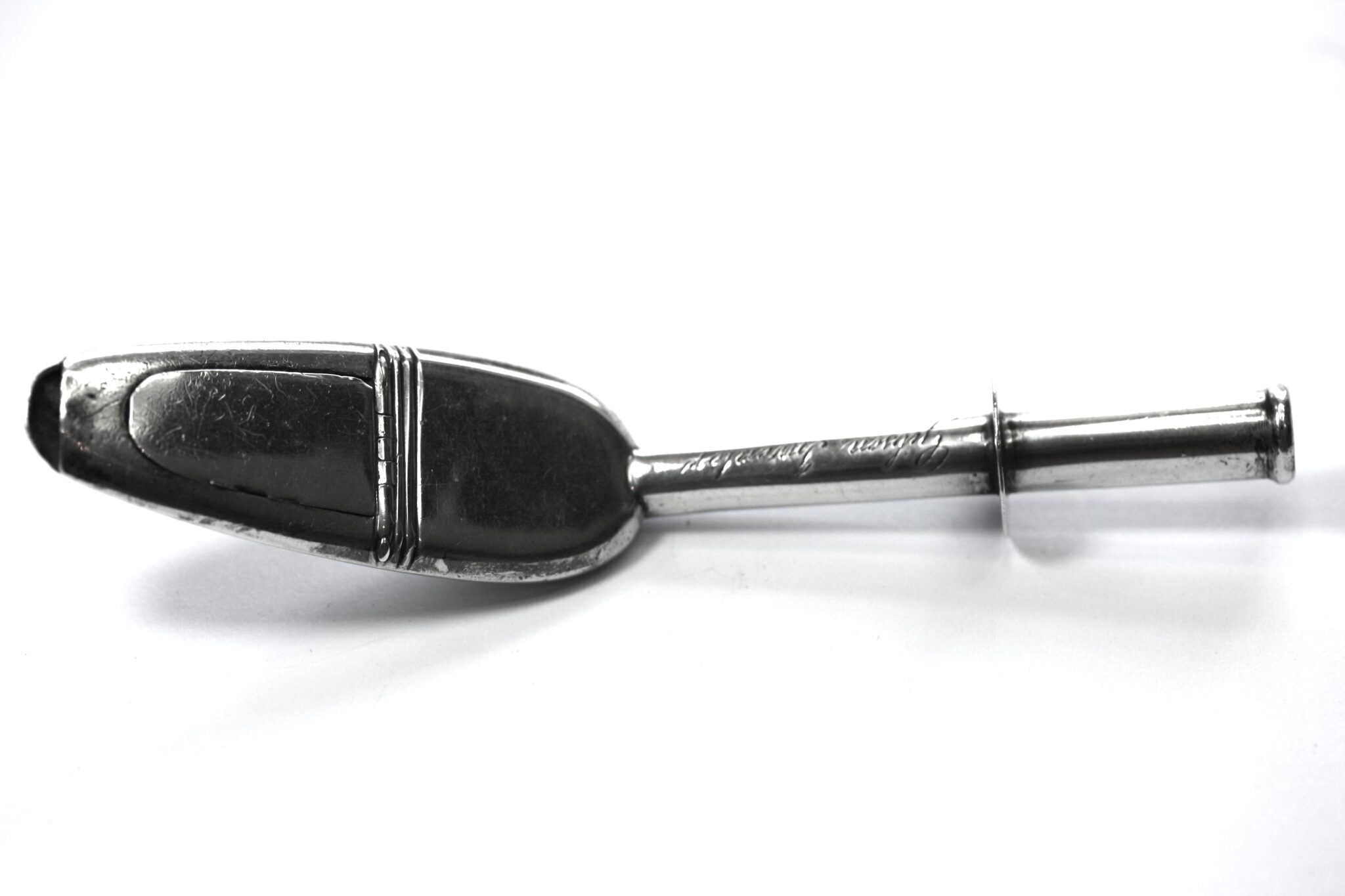 SOLID SILVER HALLMARKED CHARLES GIBSON  MEDICINE SPOON ,ENGRAVED ” GIBSON INVENTOR ”  DATED 1828