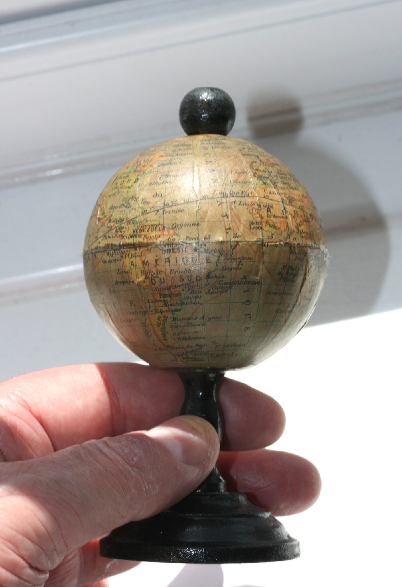 MINIATURE GLOBE BY JFL PARIS, GOOD COND.  GLOBE 2.25 IN. DIAM.  C1890