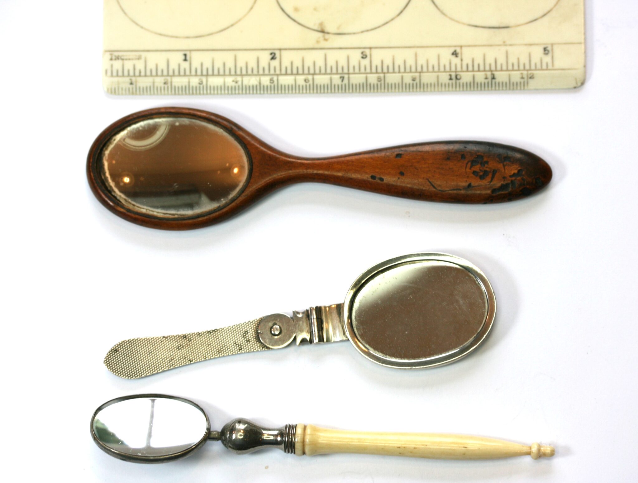 SILVER DENTIST FOLDING MIRROR FOR SIR FRDERICK SEYMOUR C1884, FRUITWOOD CONCAVE DENTAL MIRROR & BONE HANDLE CONCAVE MIRROR