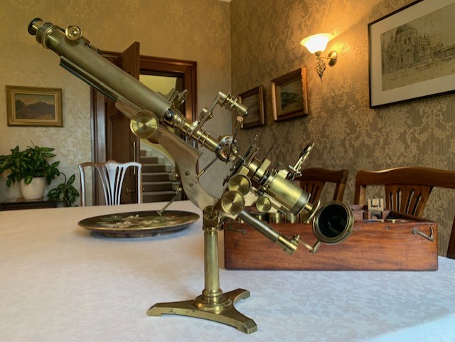 SOLD – Smith & Beck Best No. 1 Single-Pillar Wenham Binocular Brass Microscope c1857, Cased