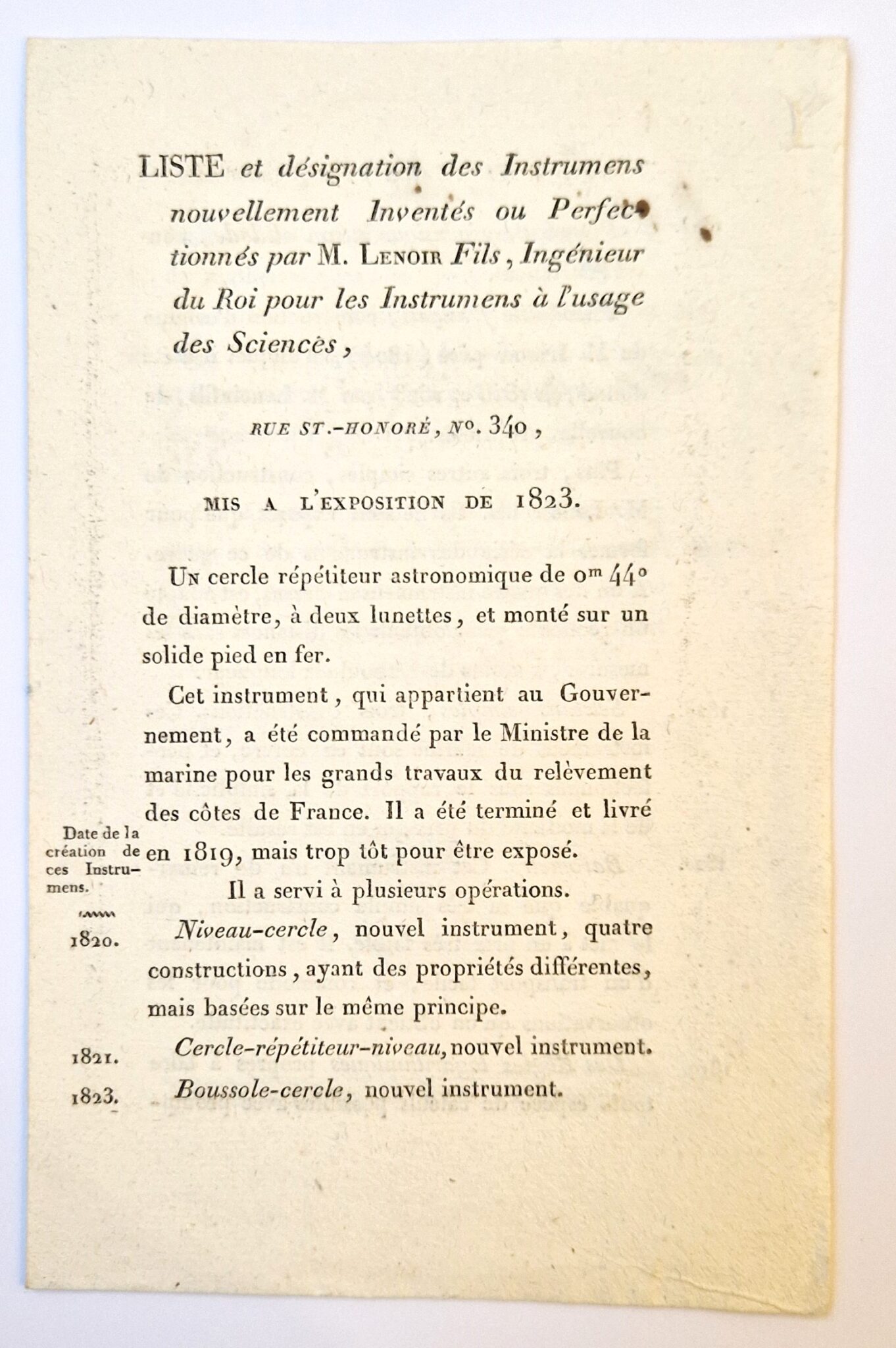 Very rare Lenoir fils booklet presenting his new surveying instruments and his slide rule in 1823