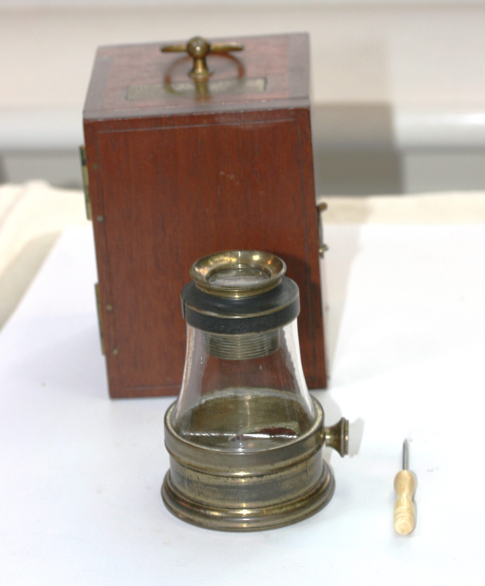 LIVE BOX  BRASS MICROSCOPE INSECTOSCOPE IN ITS BOX 4 IN. TALL , ALL IN EXCELLENT CONDITION c1880