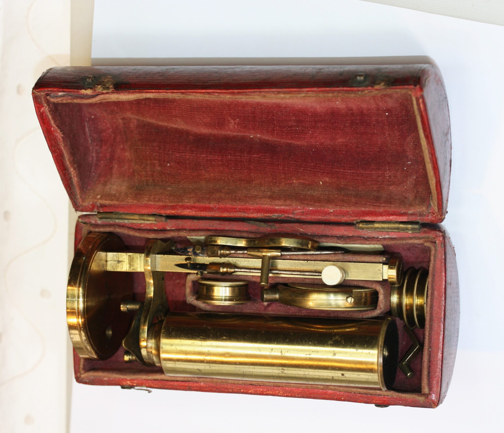 c1800 POCKET BRASS MICROSCOPE , MAY BE  by W & S JONES , WITH ITS CYLINDRICAL  CASE  AND ACCESSORIES  ref  3