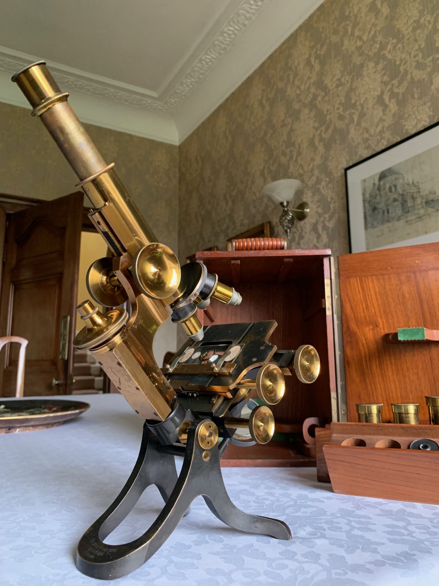 Antique Monocular Brass Microscope by London Maker Henry Crouch – c1900, Cased