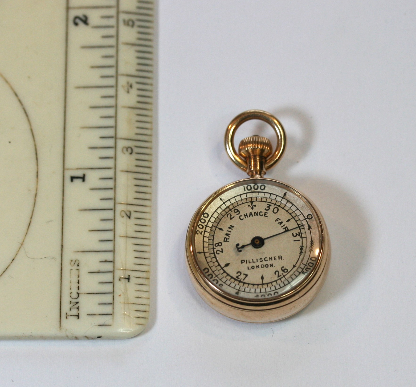 MINIATURE GOLD WORKING ANEROID POCKET BAROMETER WITH ALTIMETER , PILLISCHER, LONDON ,EXCELLENT C1880