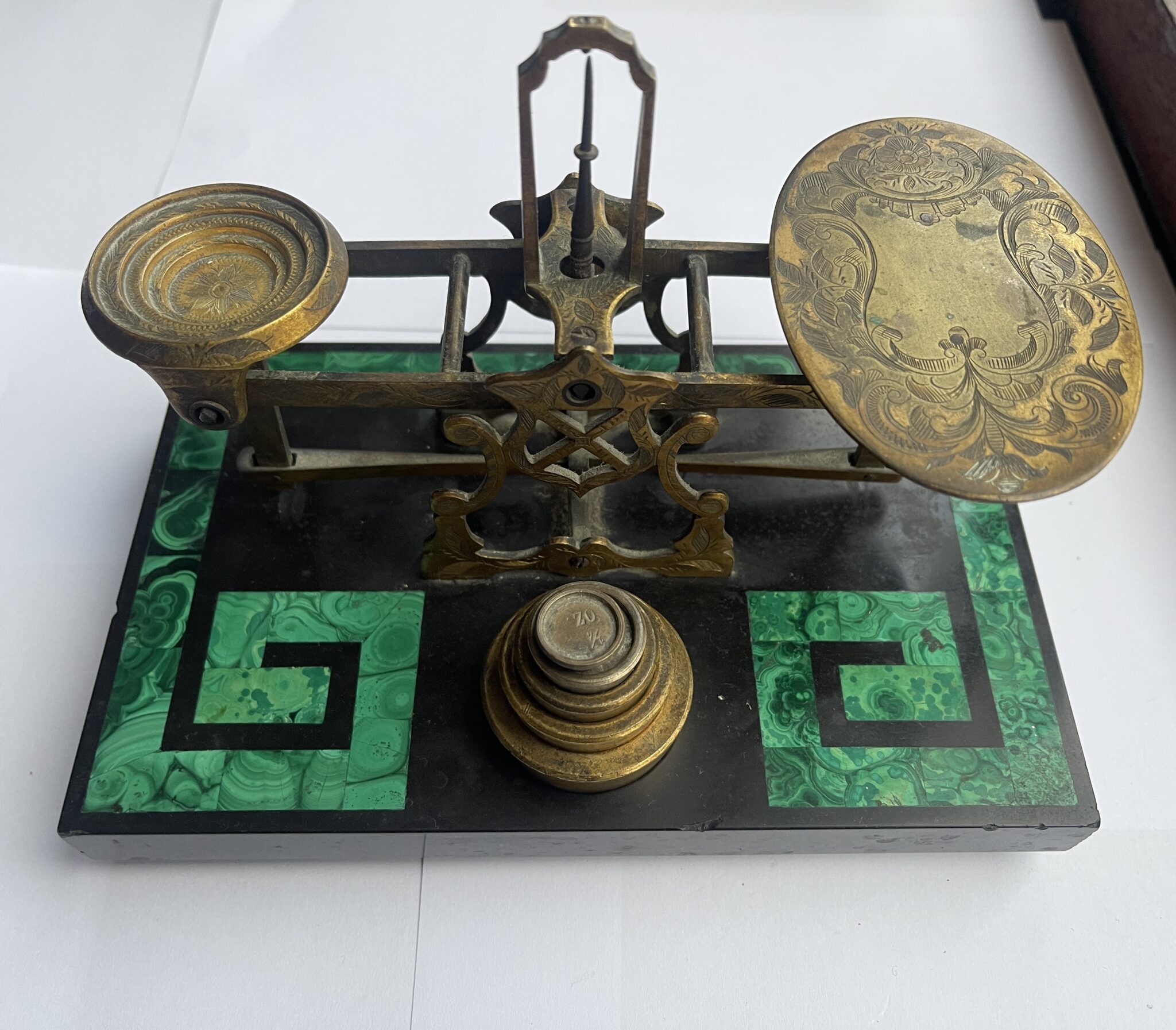 Ornate Brass Marble & Malachite Postal Scales.S.MORDAN & Co LONDON Makers