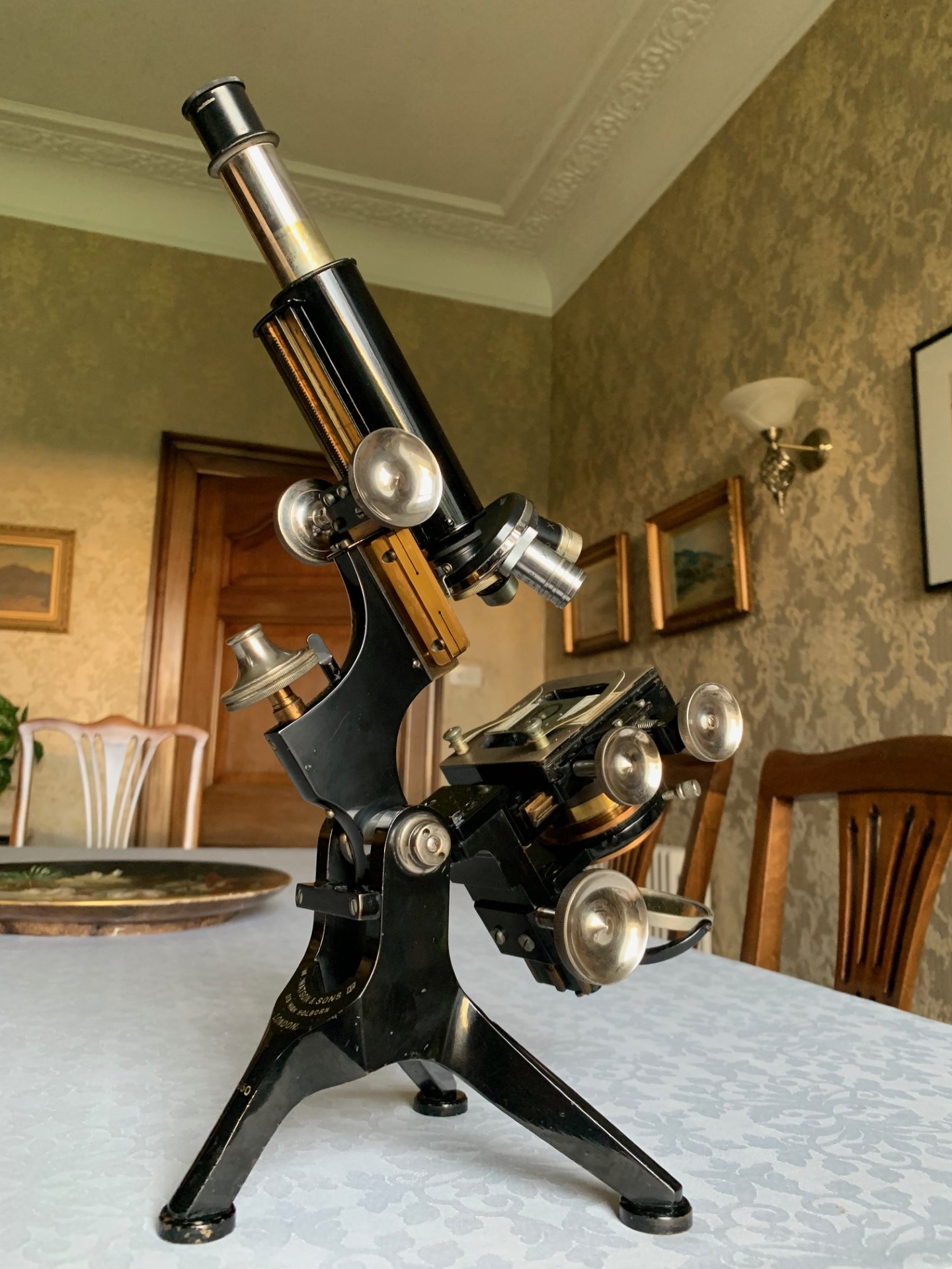 Rare Antique W. Watson & Sons Ltd – Edinburgh-H Microscope in White Metal – c1921