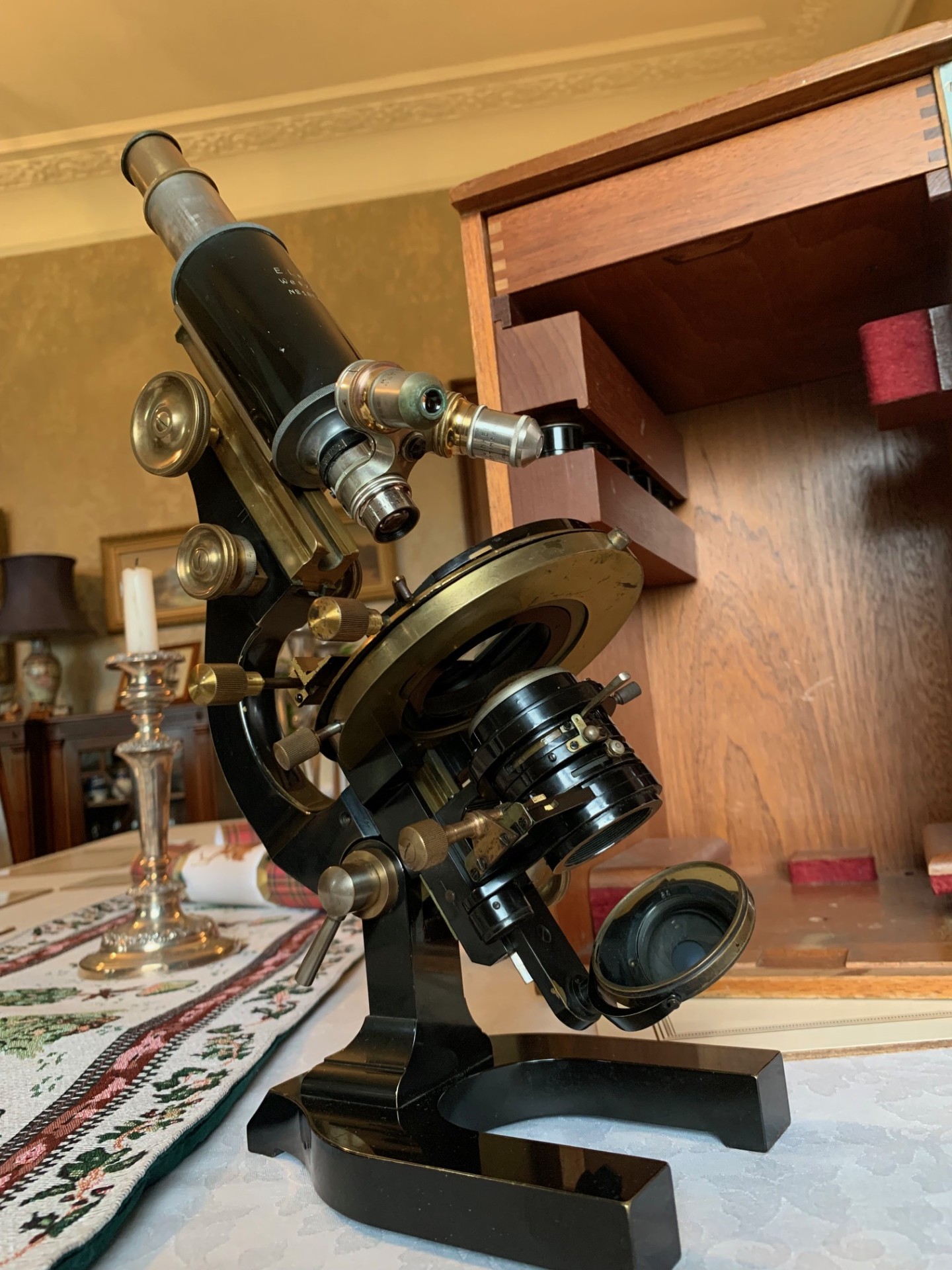 SOLD – Antique Ernst Leitz Wetzlar Large Brass Universal Microscope – circa 1919, Cased