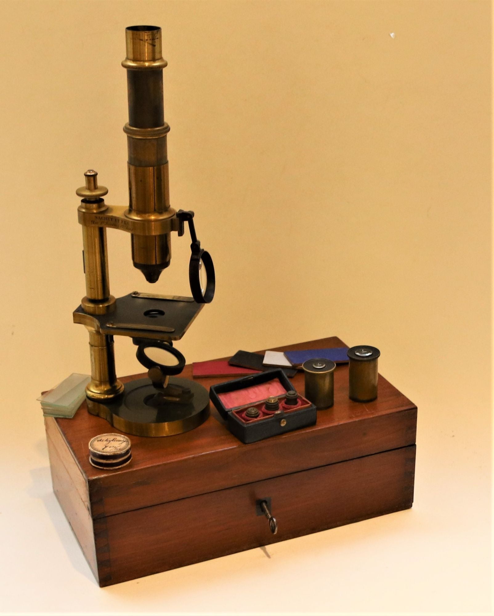 A rare round foot Nachet small microscope in excellent condition, c. 1865