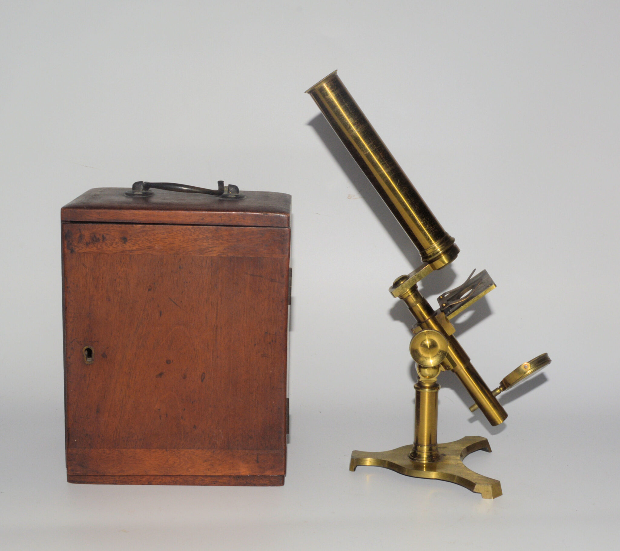 Small microscope in case, unusual stand. Pre RMS.