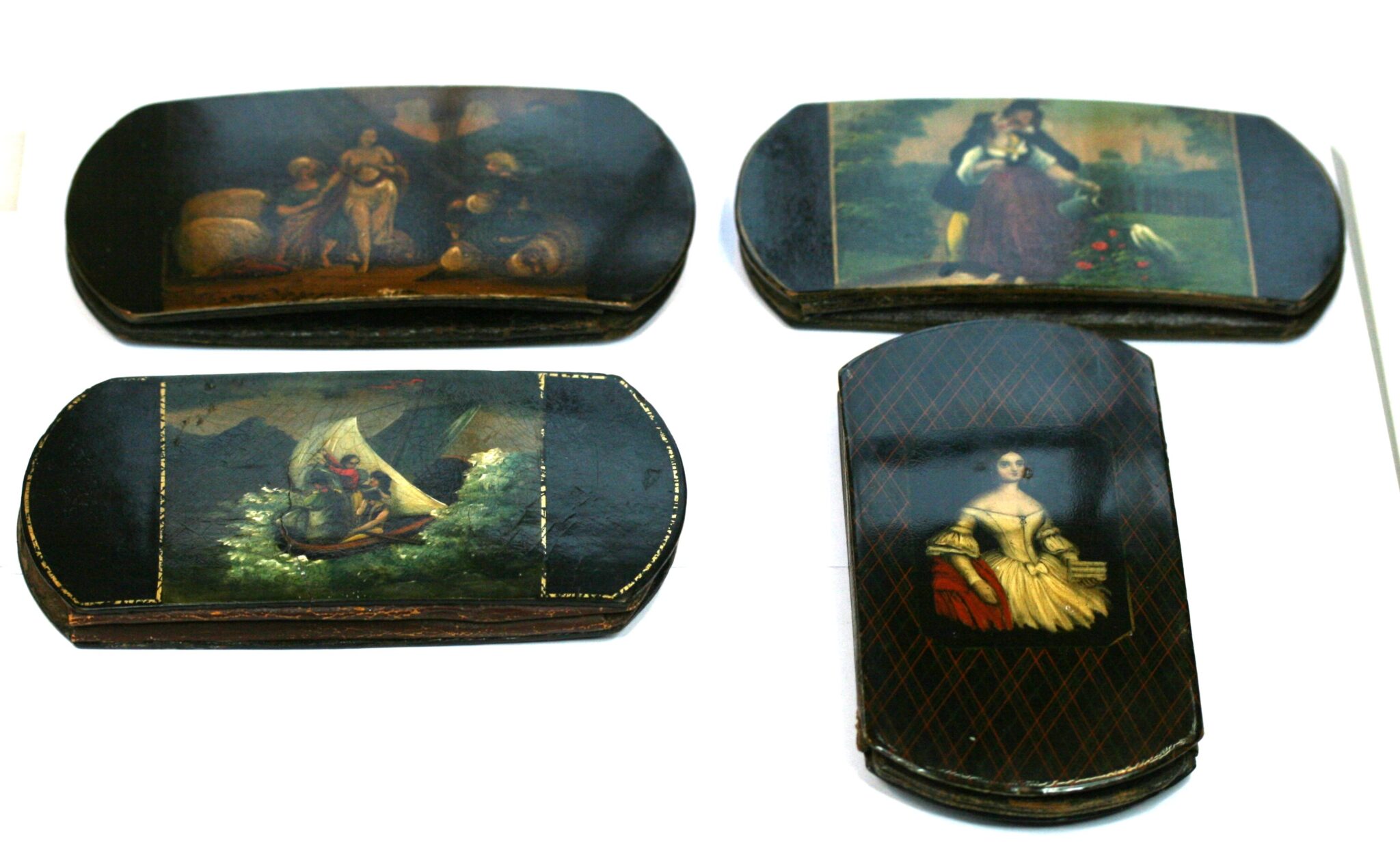 4 x HAND PAINTED GERMAN SPECTACLES CASES, C1830,  EROTIC,SAILING , ROMANCE, PORTRAIT, ALL GOOD COND.