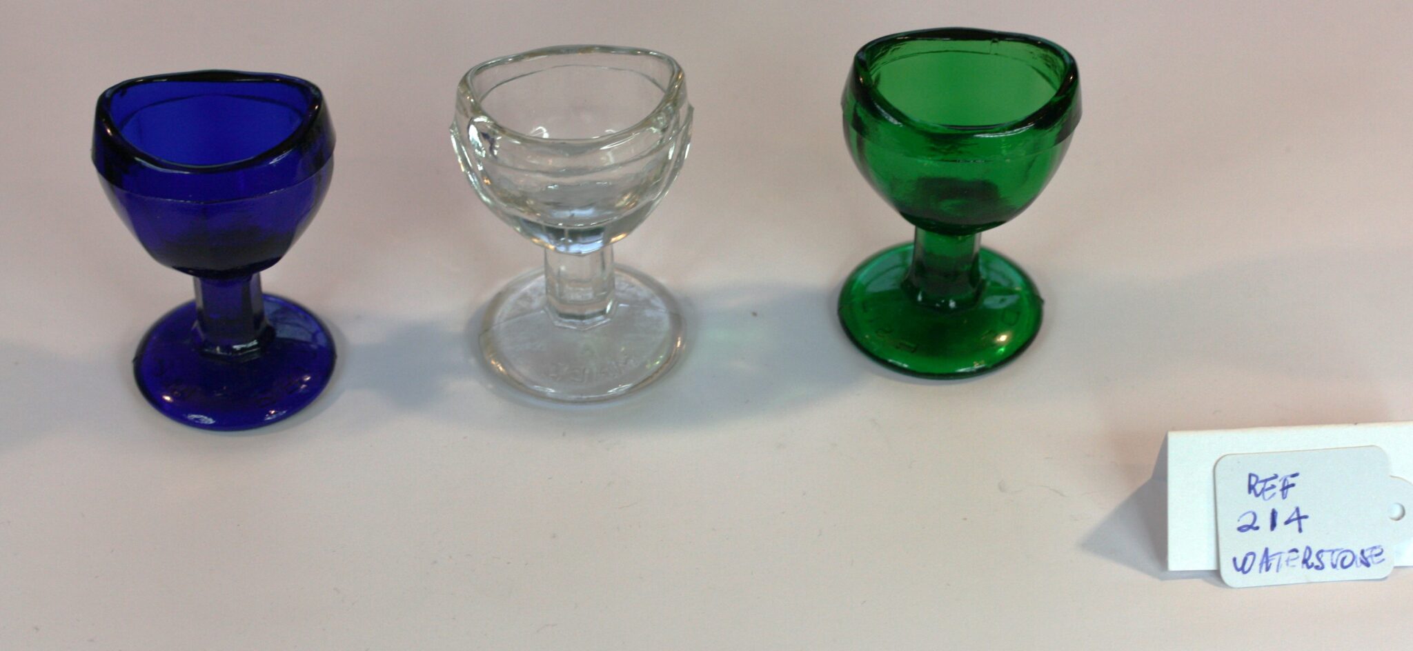 3 x WATERSTONE GLASS EYE BATH, BRITISH MADE EMBOSS, C1946, NO CHIPS